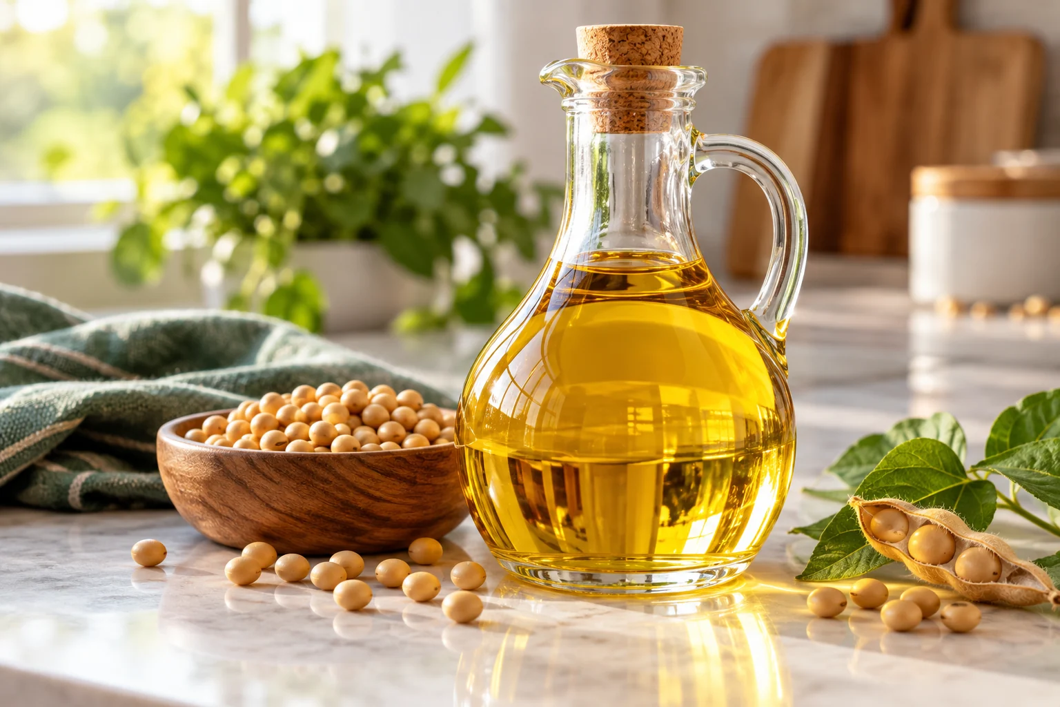 Aceite de color dorado en una aceitera de vidrio junto a granos de soya