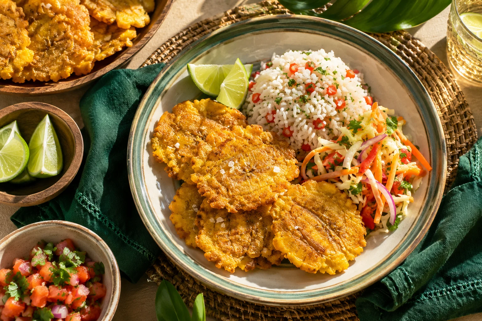 Patacones dorados con limón, arroz y vegetales para una comida casera