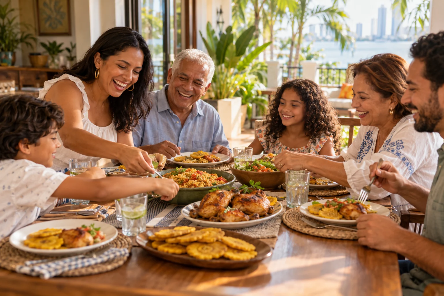 Familia compartiendo una comida casera en una mesa luminosa