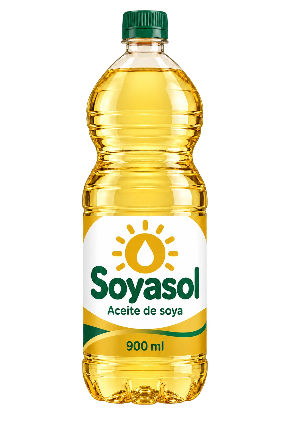 Envase de aceite de soya Soyasol de 900 ml, con etiqueta verde y dorada